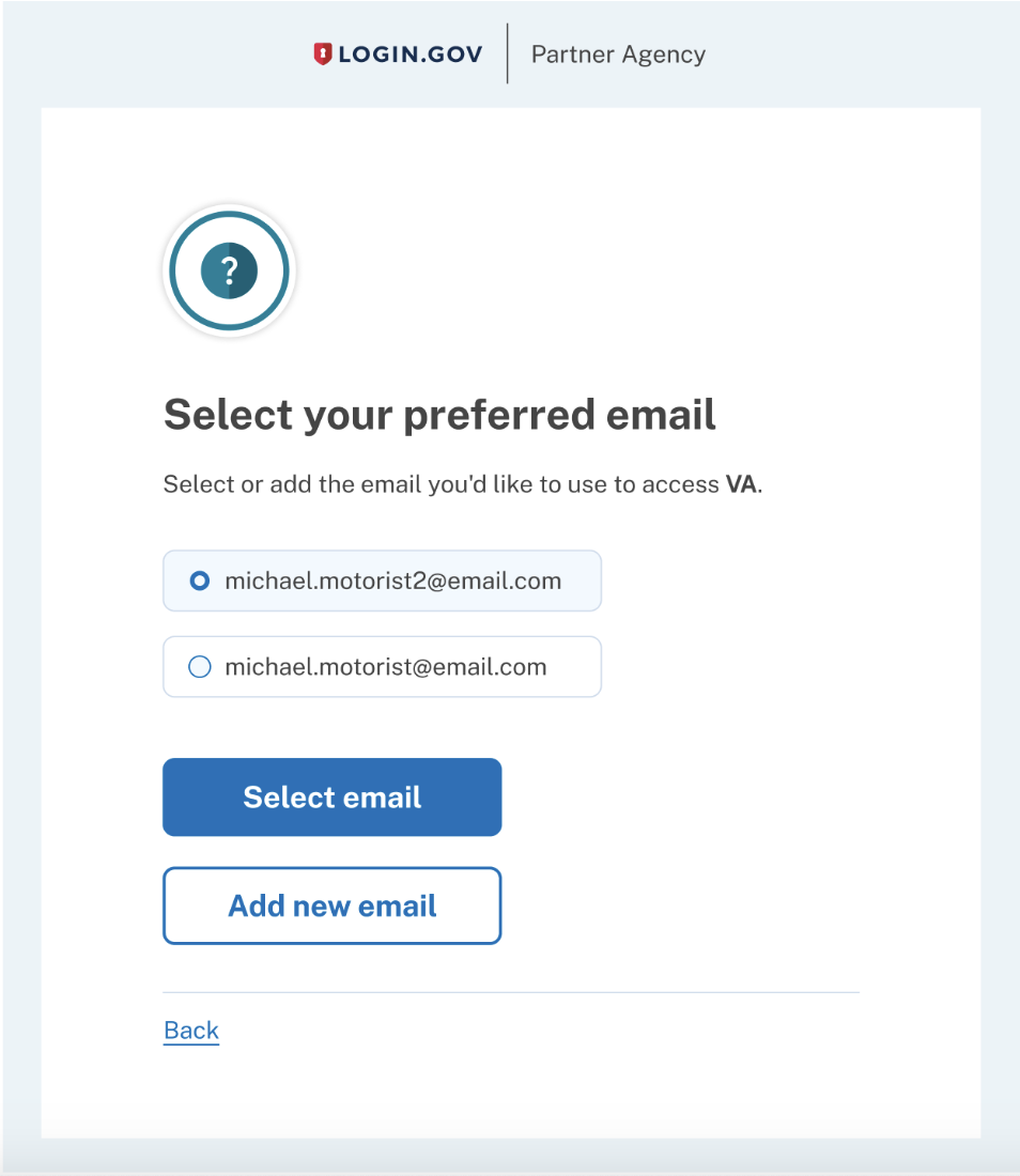 Screenshot displaying selection options for users to choose a specific email when logging into an agency application.